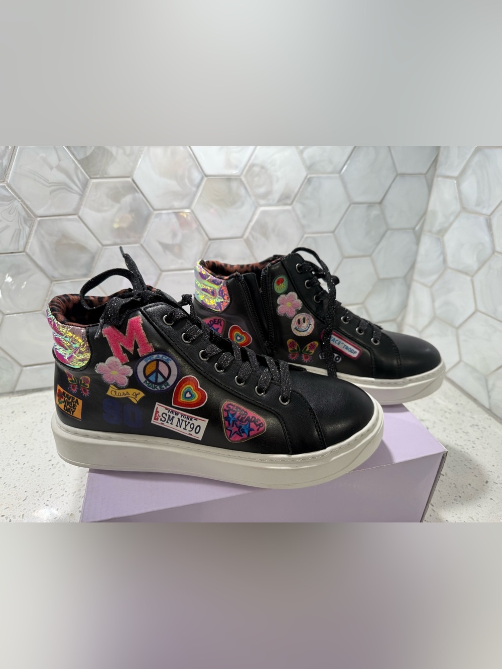 Madden Girl MJane High Top Fashion Sneakers Sz 5 Black/Multicolor Zipper Patches